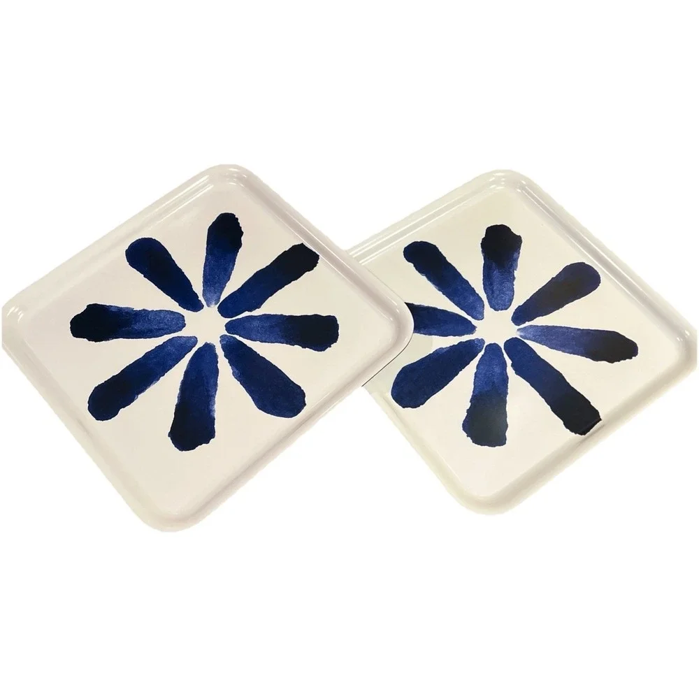 Vtg 2 IKEA SOMMAR Serving Tray Navy Blue Floral Platter Coastal Pool BBQ 13